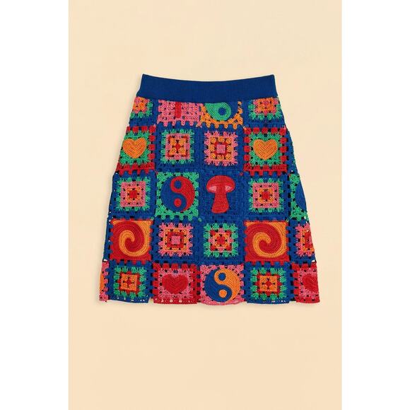Farm Rio Crochet Icons Sweater Skirt - XL - Multi Icons Crochet Draw